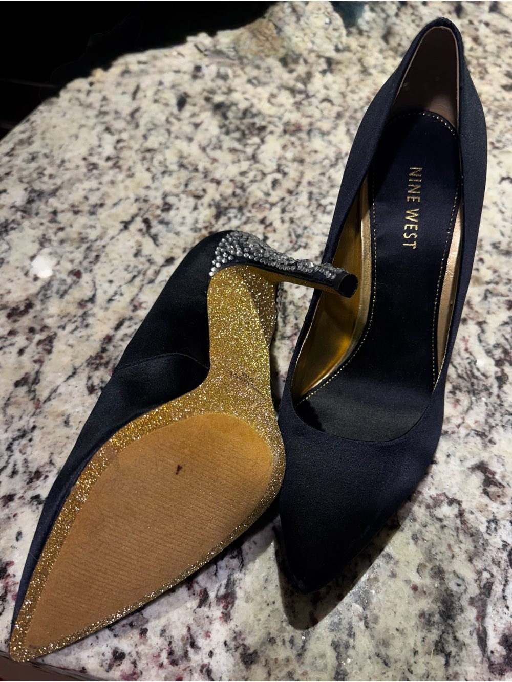 Nine West Black Satin Pointed Toe Heels with Gold Glitter Sole Detail